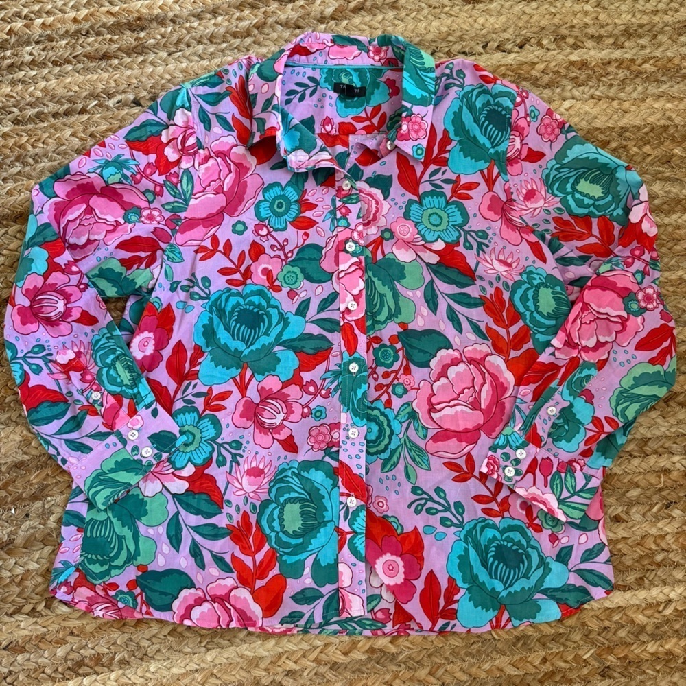 Talbots Large Petite Purple & Red Floral Lightweight Cotton Button Down Blouse